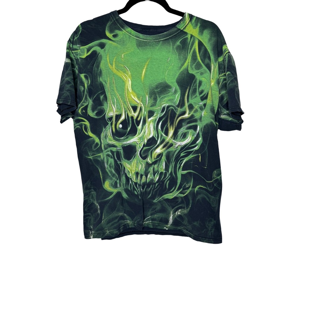 Social Media Green Flaming Skull Graphic T-Shirt Mens Large Black Cotton Tee
